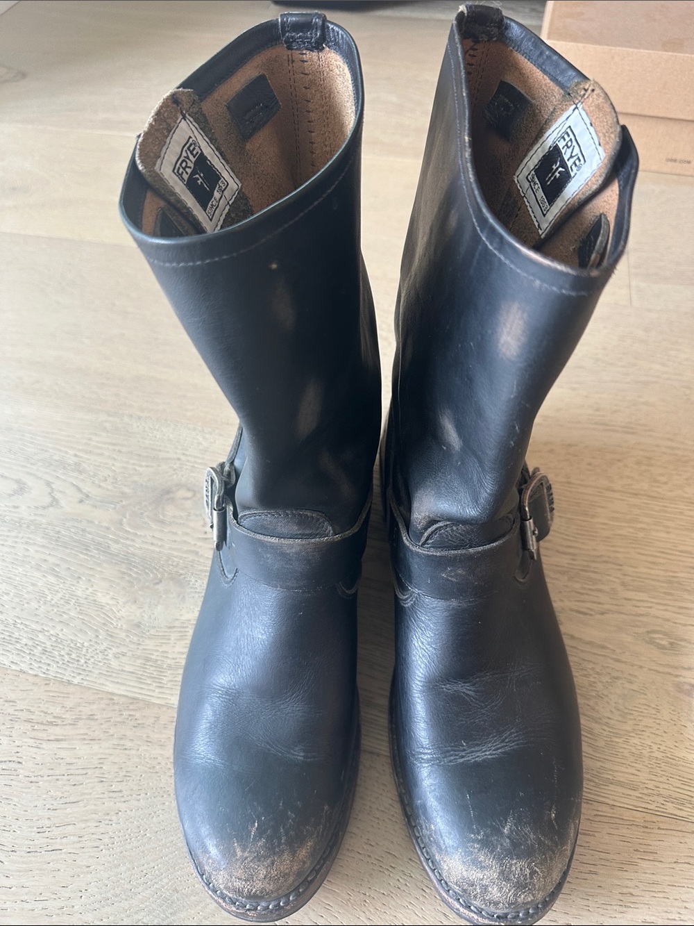 Frye Distressed Black/Dark Brown Leather Engineer Boot with Silver Buckles - Picture 3 of 4